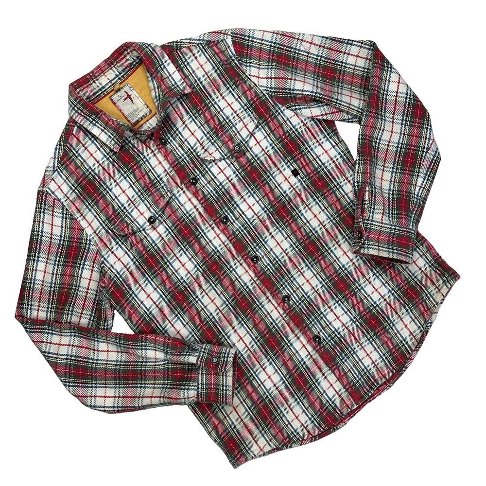 Relwen Brushed Flannel Button Up Shirt Men Large Outdoors Plaid Cream Red